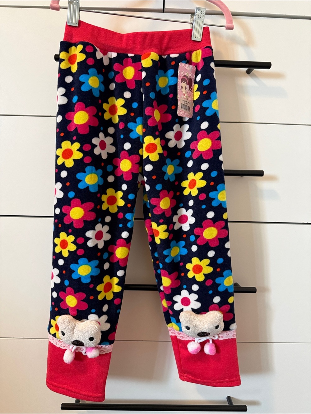Girls Navy Floral Fleece Pants with Pink Trim and Animal Cuff Accents